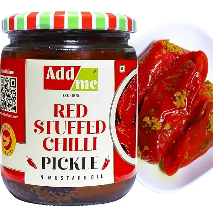 Jar of Add me Red Stuffed Chilli Pickle with a close-up of the pickle on a white plate. mango pickle, chilli pickle