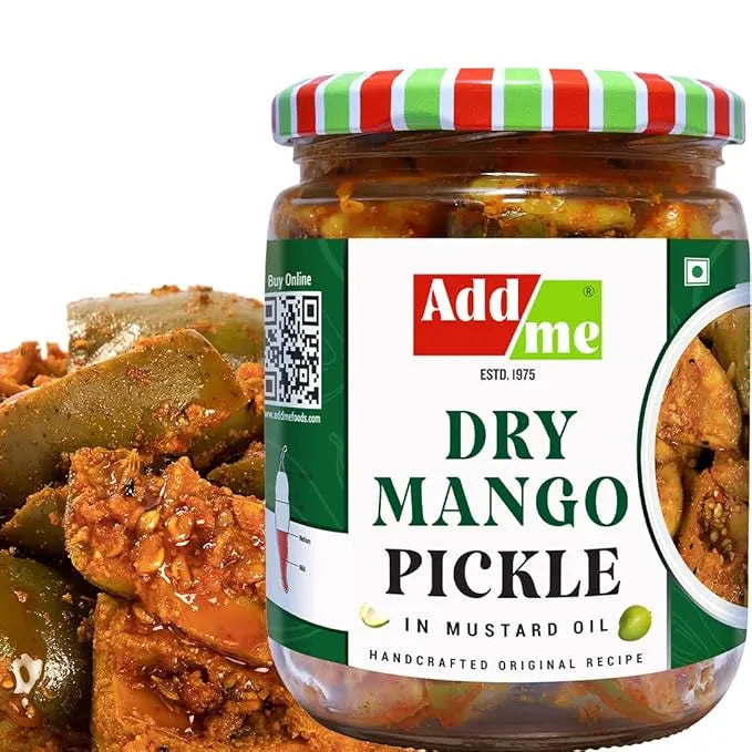 Jar of dry mango pickle with 'Add me' label on a white background. mango pickle, chilli pickle
