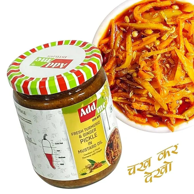 Jar of Add Me pickles with a bowl of mustard oil pickle on a white background