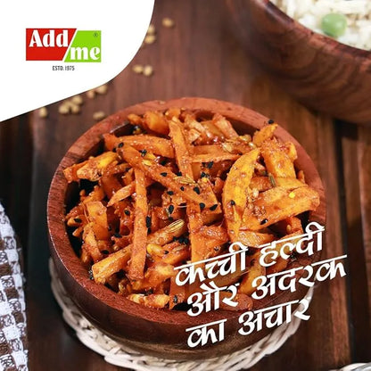 Spicy snack in a wooden bowl with Add Me logo and text in a foreign language.