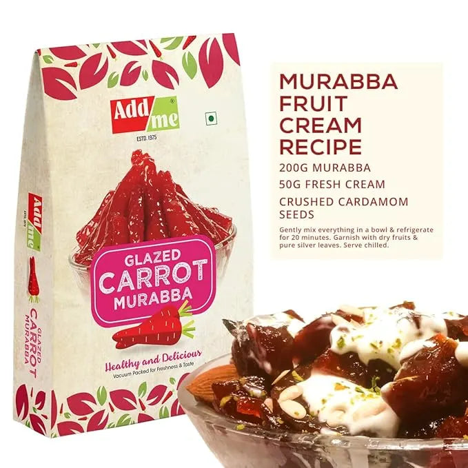 Add Me Foods: Add me Glazed Carrot Murabba packaging with a dish of murabba fruit cream recipe.