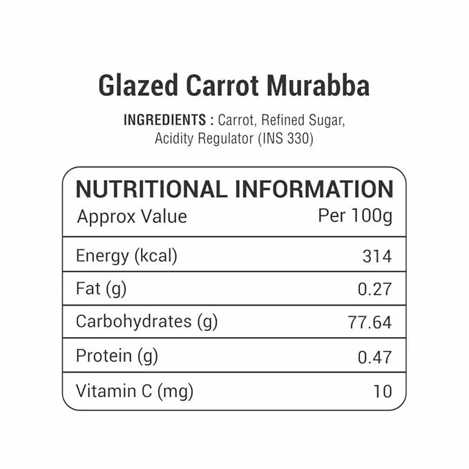 Add Me Foods: Nutritional information label for Glazed Carrot Murabba on a white background