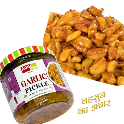 Jar of garlic pickle with a colorful label and a close-up of the pickle on a white background.