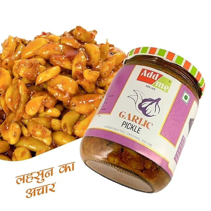 Add Me Foods: Jar of garlic pickle with a colorful label on a white background