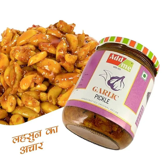 Add Me Foods: Jar of garlic pickle with a colorful label on a white background