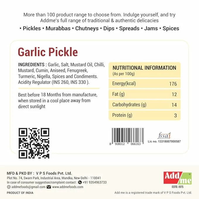 Add Me Foods: Garlic pickle label with ingredients, nutritional information, and Addme branding.