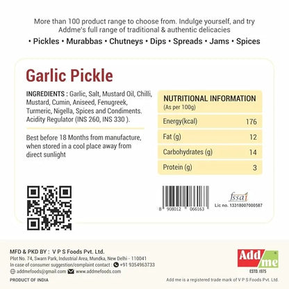 Add Me Foods: Garlic pickle label with ingredients, nutritional information, and Addme branding.