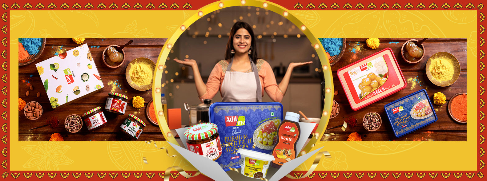 Add Me Foods: Woman in an apron surrounded by various food products on a wooden table with a yellow border.