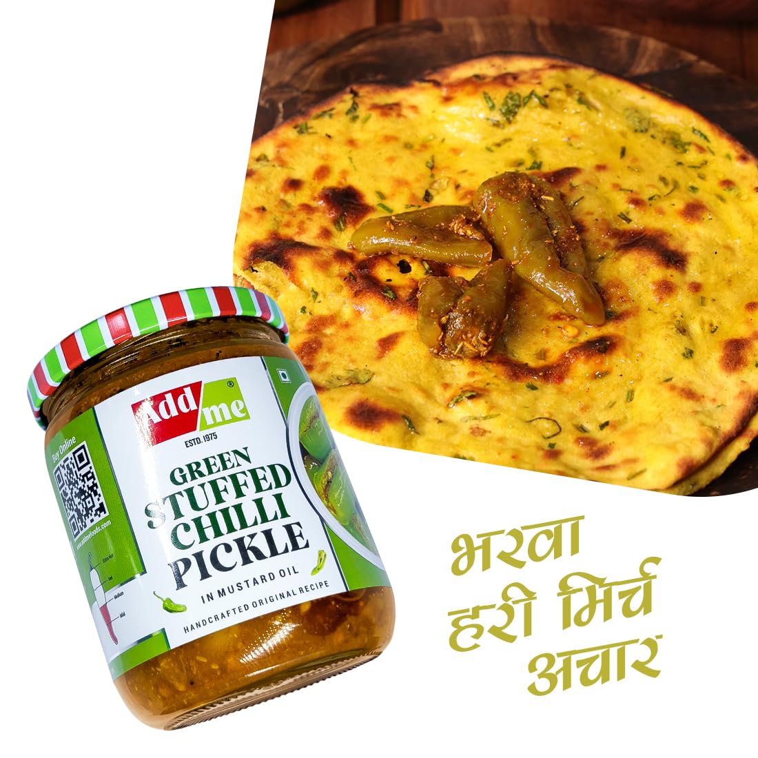 Jar of green tuffed chilli pickle with a piece of naan bread on a white background