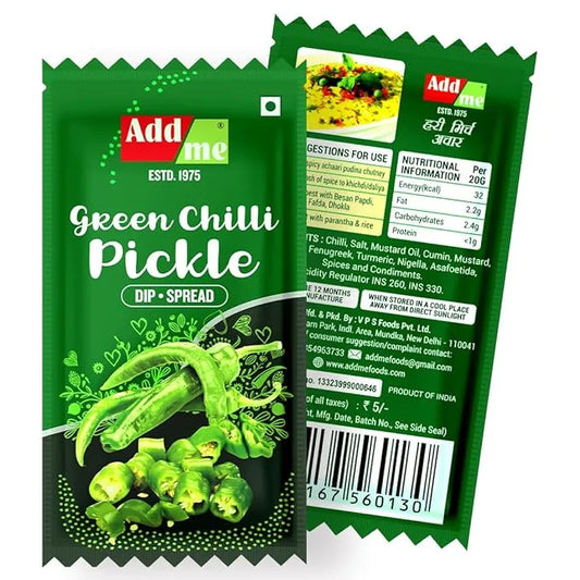Add Me Foods: Green packet of Add Me Green Chilli Pickle with branding and product details.