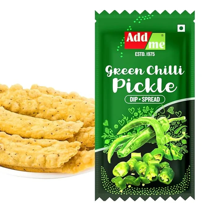Add Me Foods: Green packet of Add Me Green Chilli Pickle with crackers on a white background