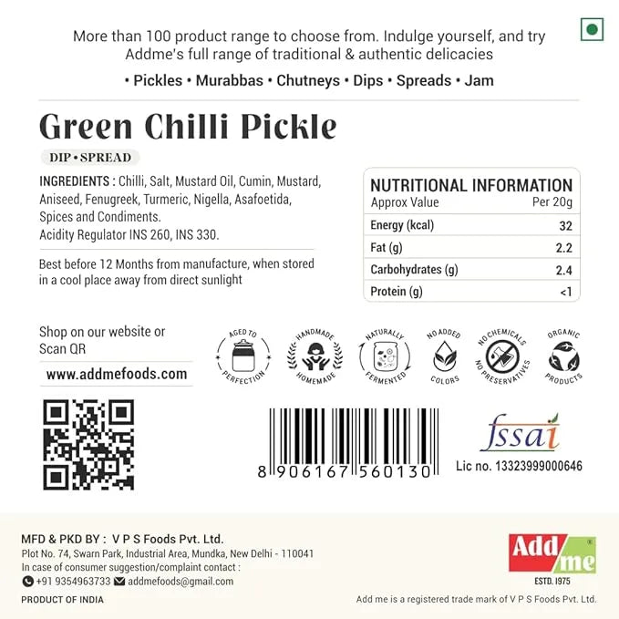 Add Me Foods: Back of a Green Chilli Pickle packaging with nutritional information, ingredients, and branding details.