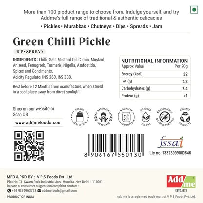 Add Me Foods: Back of a Green Chilli Pickle packaging with nutritional information, ingredients, and branding details.