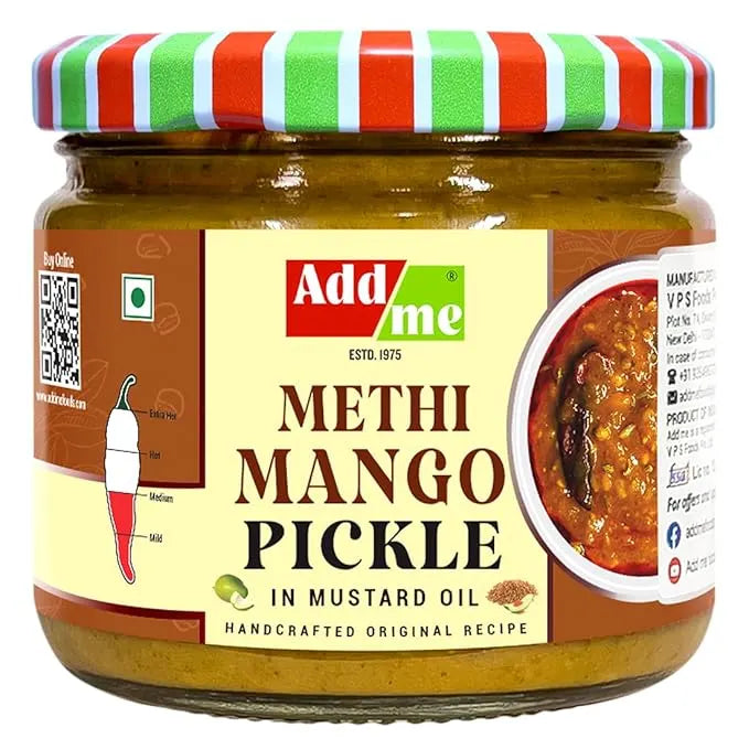 Jar of Add Me Methi Mango Pickle with a colorful lid on a white background