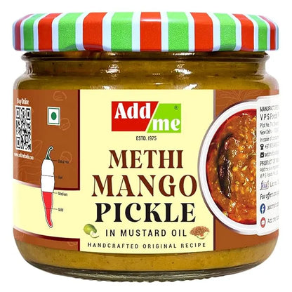 Jar of Add Me Methi Mango Pickle with a colorful lid on a white background