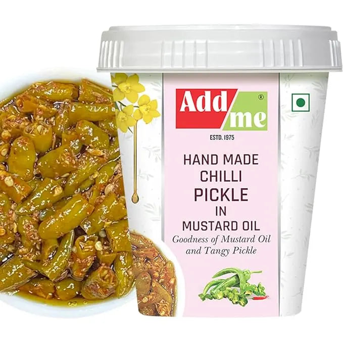 Addyme hand made chilli pickle in mustard oil packaging with a close-up of the pickle on a white background.