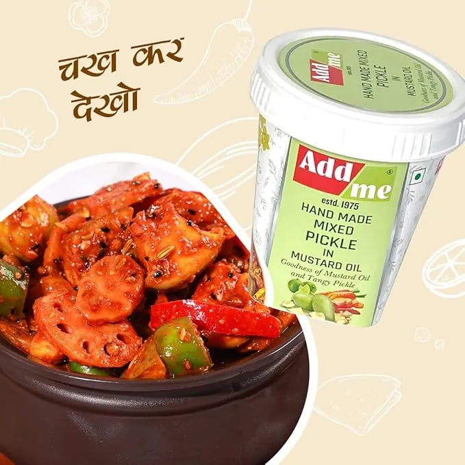 Bowl of mixed pickle with Add Me container on a beige background. mix achar
