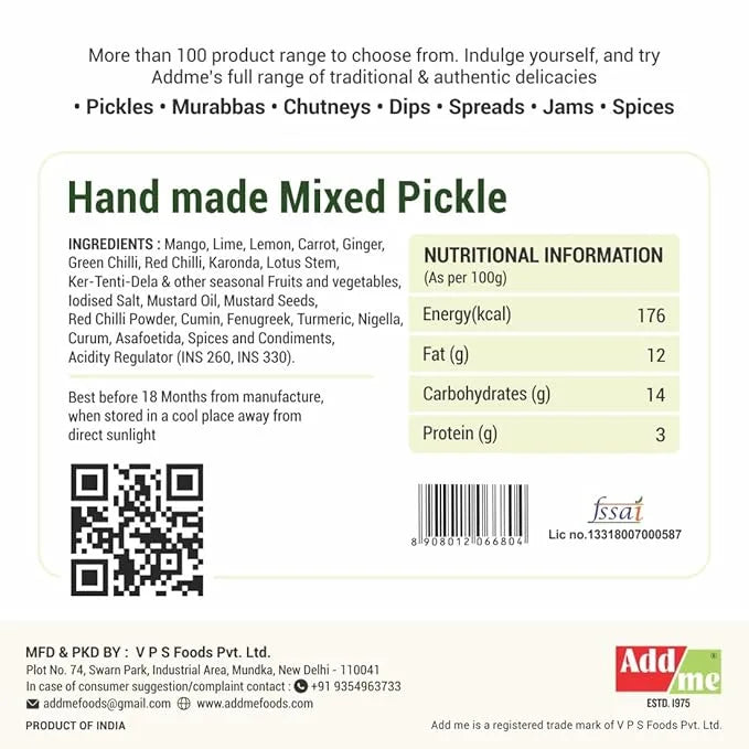 Back of a product packaging with ingredients, nutritional information, and branding details. mix achar