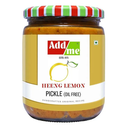 Jar of Add Me Heeng Lemon Pickle with colorful lid on a white background