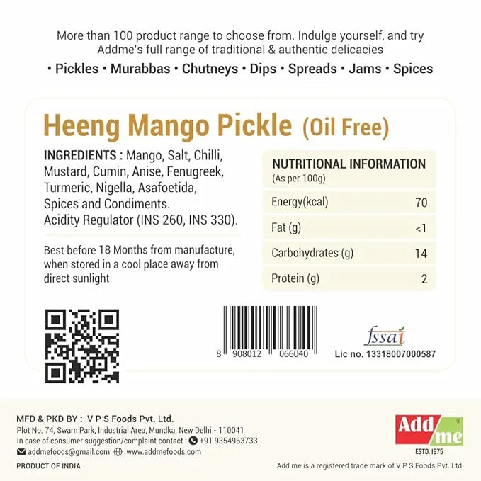 Heeng Mango Pickle label with ingredients, nutritional information, and Addme branding.