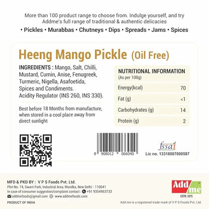 Heeng Mango Pickle label with ingredients, nutritional information, and Addme branding.