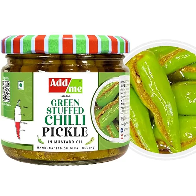Jar of Addme Green Stuffed Chilli Pickle with a close-up of pickles on a white background