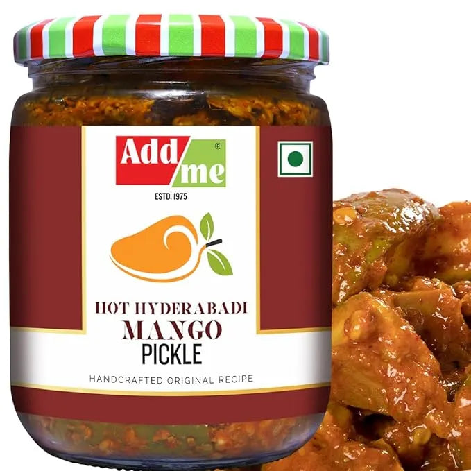 Jar of Add Me Hot Hyderabadi Mango Pickle with a colorful lid on a white background