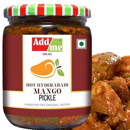 Jar of Add Me Hot Hyderabadi Mango Pickle with a colorful lid on a white background