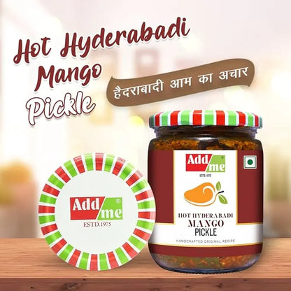 Jar of Addme Hot Hyderabadi Mango Pickle with decorative elements on a wooden surface.