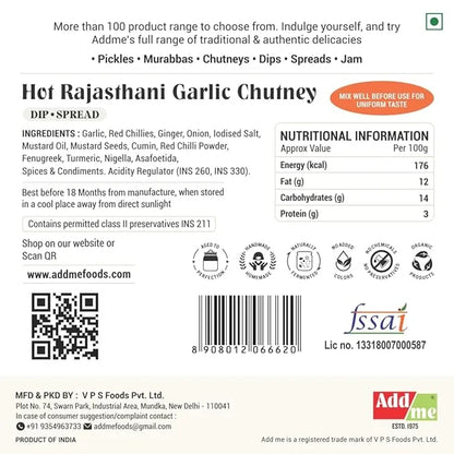 Back label of Hot Rajasthani Garlic Chutney with ingredients, nutritional information, and branding details.