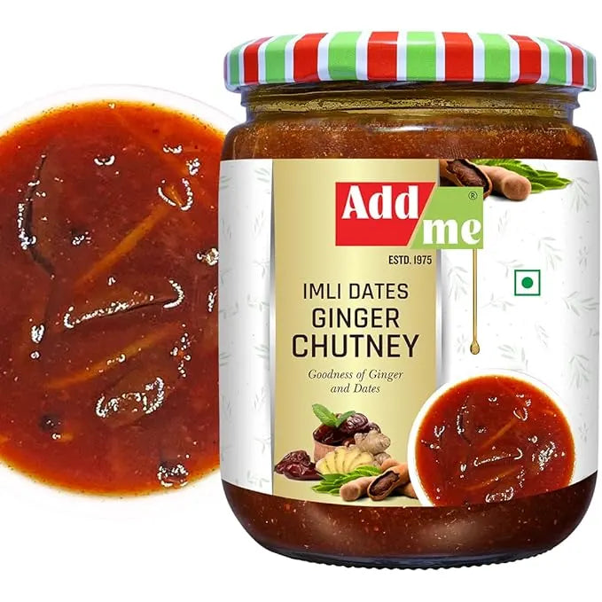 Jar of Add Me Imli Dates Ginger Chutney with a close-up of chutney on a white background