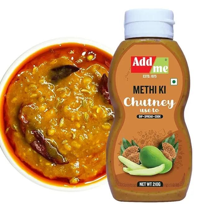 Bottle of Addsome Methi Ki Chutney next to a bowl of chutney on a white background