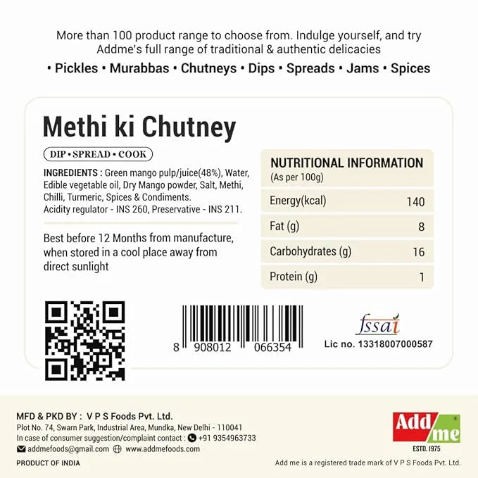 Methi ki Chutney label with nutritional information, ingredients, and Addme branding.