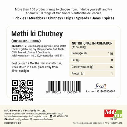 Methi ki Chutney label with nutritional information, ingredients, and Addme branding.