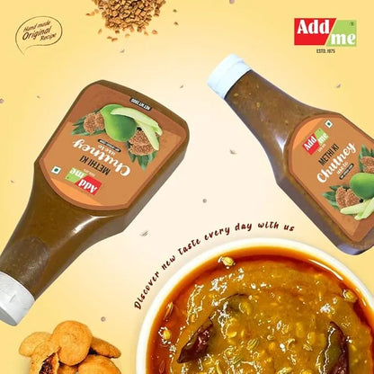 Two bottles of Add Me Methi Chutney with a bowl of chutney and snacks on a yellow background.