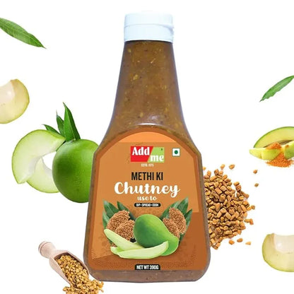 Bottle of Add Me Methi Ki Chutney with ingredients on a white background