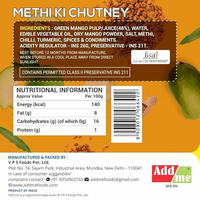 Methi ki chutney label with ingredients, nutritional information, and branding on an orange background.