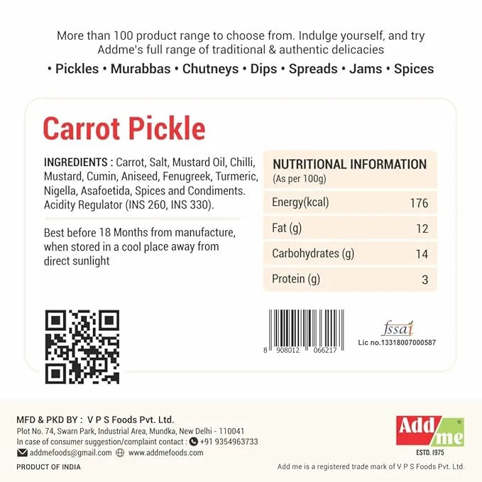 Carrot pickle label with ingredients, nutritional information, and Addme branding.