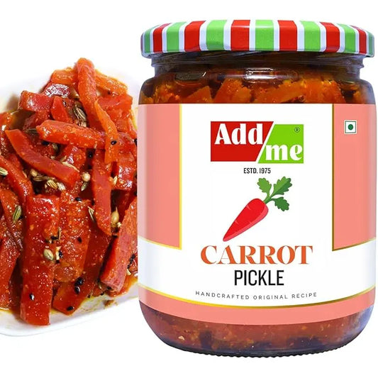Jar of Add Me carrot pickle with a colorful lid and a plate of pickled carrots.
