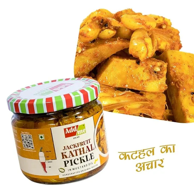 Jar of Adda Jackfruit Kathal Pickle with a stack of pickled jackfruit on a white background