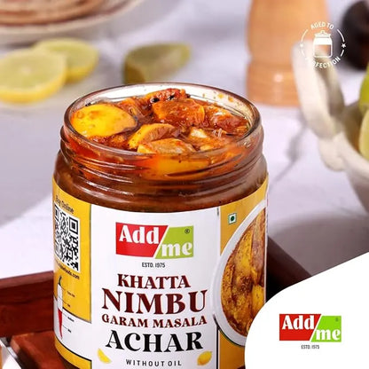 Jar of Add Me Khatta Nimbu Garam Masala Achar on a white background