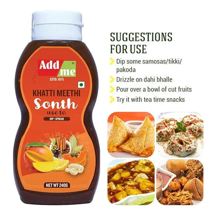 Add Me Foods: Bottle of Add Me Khatti Meethi Sonth with suggestions for use on a white background