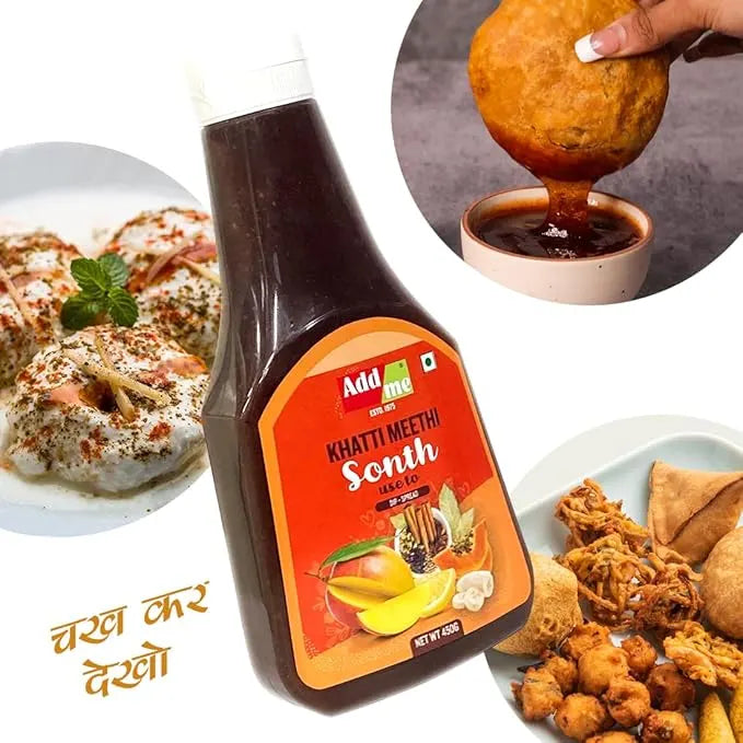 Bottle of Adda Khatti Meethi Sonth with food items and dipping a snack in the sauce. sonth chutney