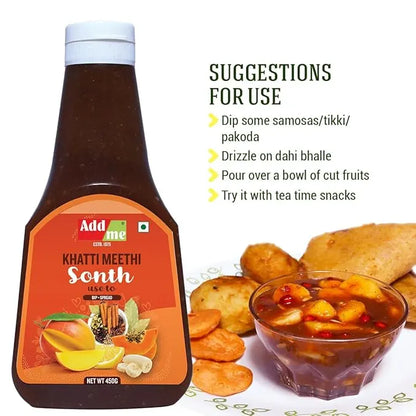 Sauce bottle with suggestions for use displayed on a white background. sonth chutney