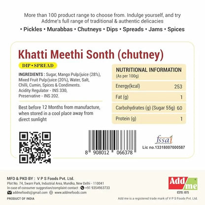 Label for Khatti Meethi Sonth chutney with nutritional information and branding details. sonth chutney