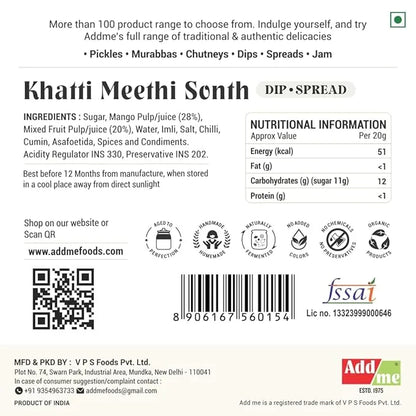 Back label of Khatti Meethi Sonth with ingredients, nutritional information, and branding details.
