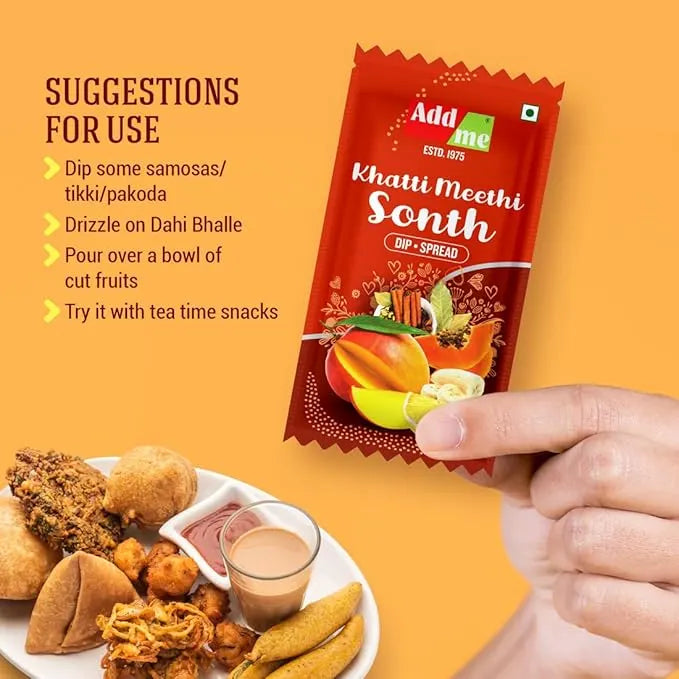 Adda Mehe Khatti Meethi Sonth packet with suggestions for use on a yellow background