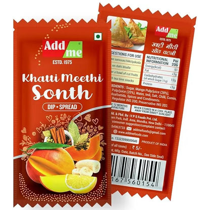 Add Me Khatti Meethi Sonth spice packet with branding and nutritional information.