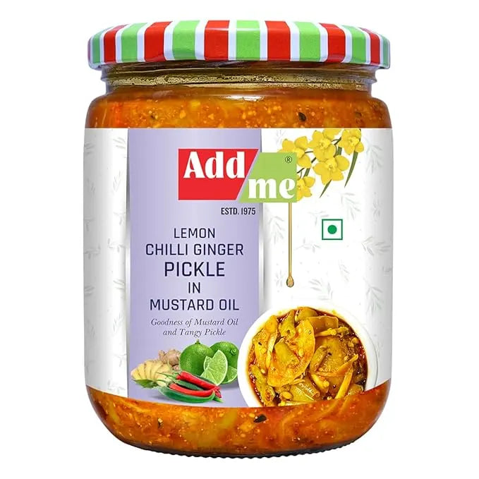 Jar of Add Me lemon chilli ginger pickle with a colorful lid on a white background