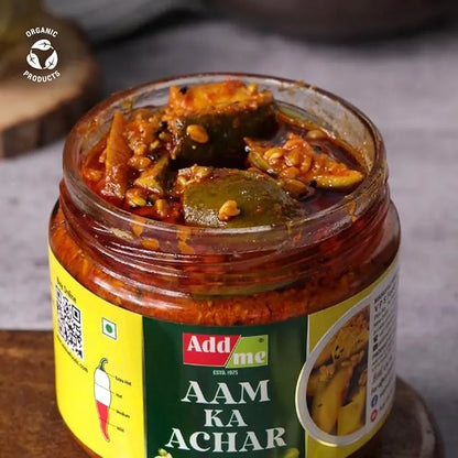 Jar of Aam Ka Achar with Addme branding on a gray background